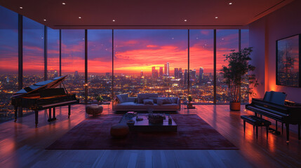 Fototapeta premium Luxury penthouse living room at sunset. Panoramic city view