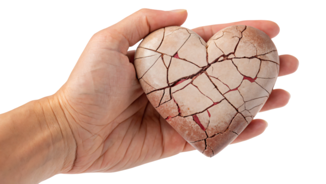 hand holding a broken heart isolated