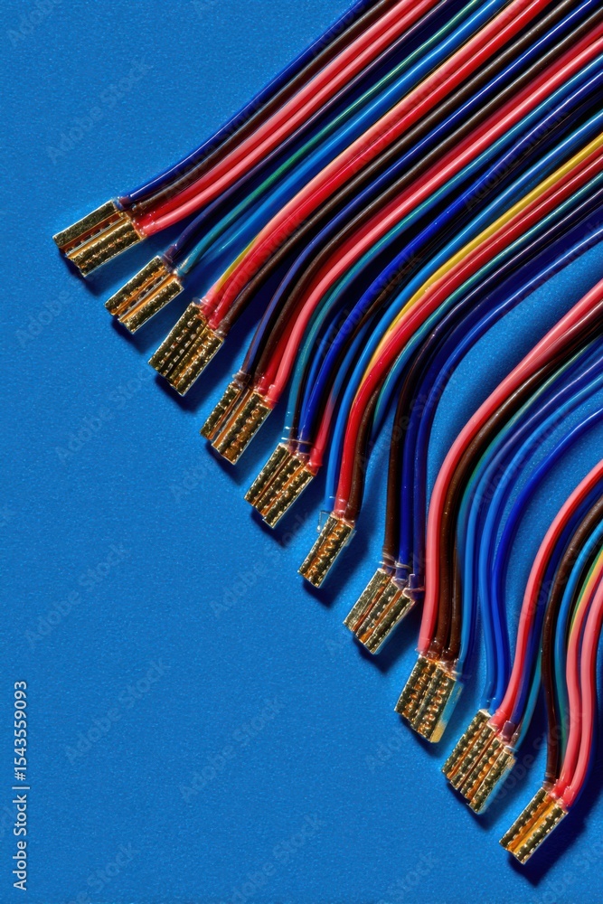 Poster intricate array of colorful ribbon cable wires arranged meticulously from a top-down perspective for