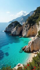 Sun-drenched idyllic summer cove, turquoise water laps gently against smooth, sun-kissed rocks Perfect for relaxation and escape Tranquil scene, breathtaking coastal landscape , rocky shore, cove
