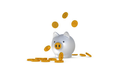 Golden Piggy Bank on White Background with Falling Coins