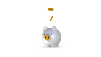 Golden Piggy Bank on White Background with Falling Coins