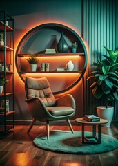 Interior with armchair round shelf and plant illuminated by orange and teal lighting design style 3d render