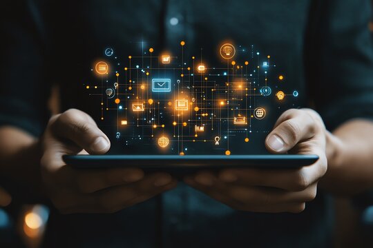 Close up of man holding a tablet displaying business