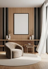 A modern living room with a beige chair, a blank picture frame, and neutral toned decorations and furniture 3d render