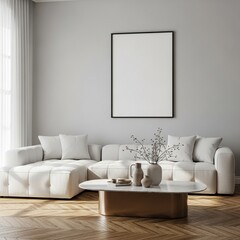Interior view of a modern living room with white sofa, coffee table, and a blank frame on the wall 3d render
