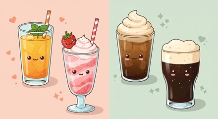 Cute cartoon drinks with kawaii faces in colorful vector illustration style art