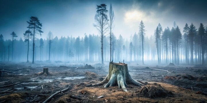 A solitary tree stump stands amidst a misty, recently cleared forest, a poignant reminder of environmental impact