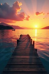 Tranquil scene of a wooden dock extending into calm waters, meeting a serene shoreline at sunset Perfect for travel, nature, or relaxation themes , vacation, water