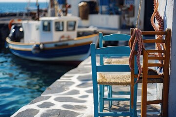 Coastal cafe scene with chairs and octopus