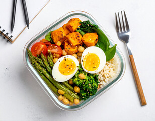 Colorful Vegan Lunch Bowl with Sweet Potato, Broccoli, Asparagus and Hard Boiled Eggs