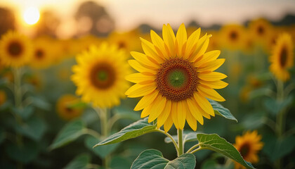 Fototapeta premium A Golden Sunflower Field Bathed in Summer Sunset Glow, Full of Life and Vitality