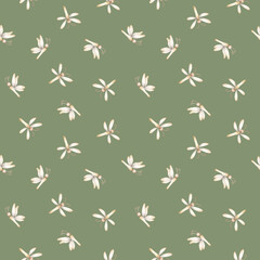 Cute Dragonfly Damselfly Watercolor hand painted summer pastel minimalistic seamless pattern on sage green background