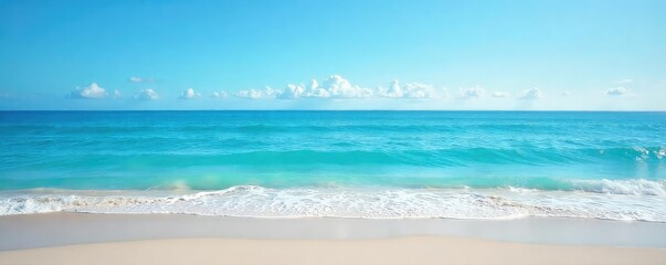 Vast, unending ocean horizon stretching to the sky Calm waves gently lap the shore under a clear blue sky Perfect for travel, nature, and serenity themes , idyllic, outdoors, sunlight