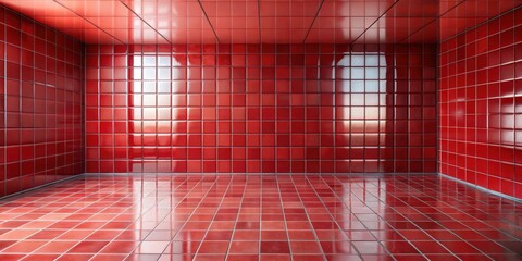 Reflective Red Tile Room A Clean, Modern Interior Design with Shiny Walls and Floor