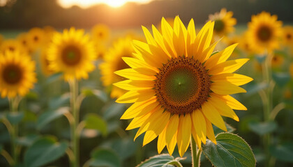 Fototapeta premium A Golden Sunflower Field Bathed in Summer Sunset Glow, Full of Life and Vitality