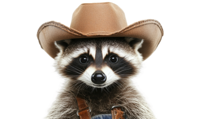 Funny, cowboy, raccoon, dressed, wearing, hat, isolated, transparent, background.