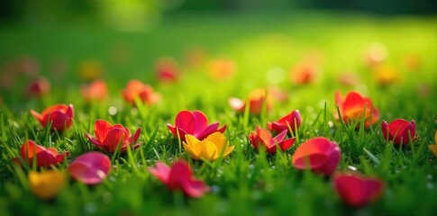 Vibrant, fallen flower petals scattered on lush green grass after a spring rain shower Perfect for nature, spring, and floral themes , background, blooms, shadow