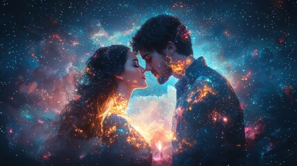Young couple with brown hair embracing under the stars, glowing faces, surrounded by galaxies and cosmic background, fantasy art style, hyper-realistic, cinematic, sharp focus.
