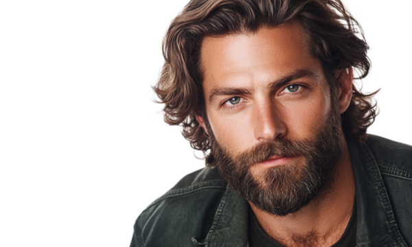 Handsome, man, with beard and long hair, isolated on transparent background.