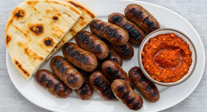 Algerian grilled merguez sausages arranged diagonally across thirds, with bread and harissa placed in opposite corners 1.