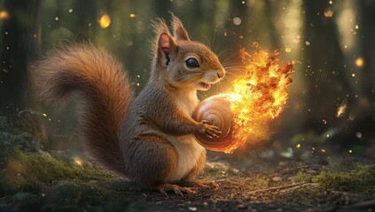 Obraz premium A squirrel holds a fiery snail