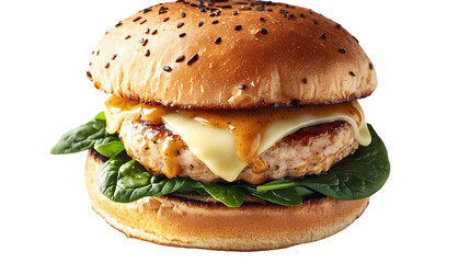 A burger with spinach cheese and sauce on a sesame seed bun on transparent background png