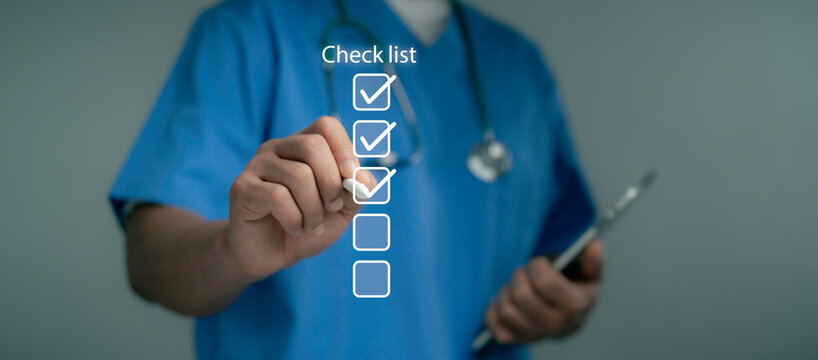 Doctor writing digital checklist interface for medical task management health monitoring workflow planning healthcare innovation system support organization and data tracking