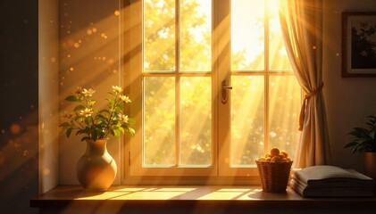Warm sunlight streams through a bright windowpane, illuminating dust motes dancing in the golden rays Perfect for home, comfort, and spring themes , warm, light, daytime
