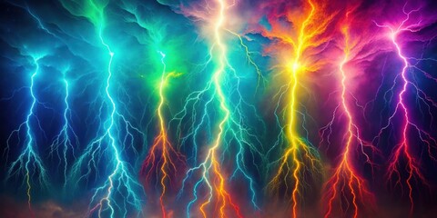 A vibrant display of multicolored lightning bolts striking through a dramatic, dark sky, creating a powerful and awe-inspiring spectacle of nature's raw energy.