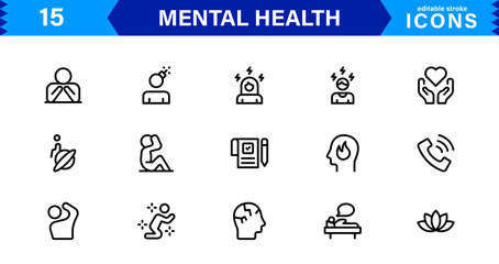 Mental Health Icon Set Representing Therapy, Well-being, Mindfulness, Support, and Emotional Health in Simple, Professional, and Download-Ready Style