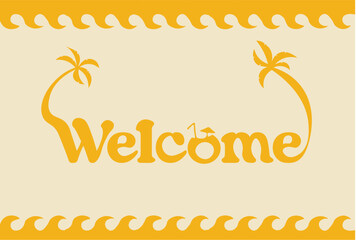 Wavy frame with Wecome text, yellow palms on white background. Vector set of palms for wedding invitations and greeting card design, Hawaiian concept, Summer concept,