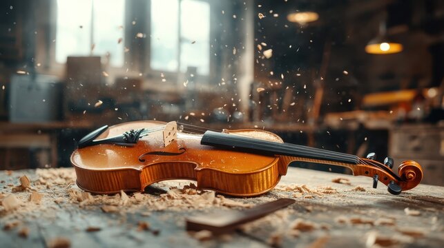 A beautifully crafted violin resting on a workbench, surrounded by scattered wood shavings, showcasing the artistry and craftsmanship involved in violin making and music creation. - Powered by Adobe