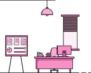 Elegant Office Illustration: A sleek, minimalist office space with a desk, computer, presentation board, and hanging light, all bathed in a pastel hue.
