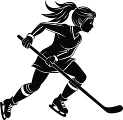 Fototapeta premium Black Silhouette Woman Ice Hockey Player Skating Stick