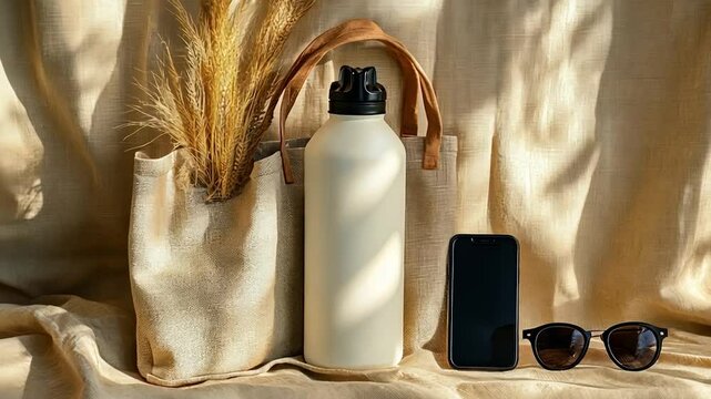 Beige tote bag, water bottle, phone, and sunglasses on beige fabric