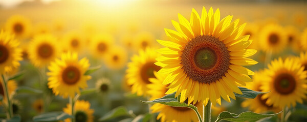 Obraz premium A Golden Sunflower Field Bathed in Sunset Light, Full of Life and Hope