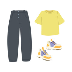 Modern hand drawn clothes outfit with yellow and grey jeans, shirt and sneakers shopping illustration. Trendy flat design for e-commerce retail projects. Simple vector art for digital and print use
