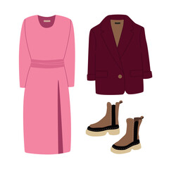 Modern hand drawn clothes outfit with pink dress, dark red jacket and shoes shopping illustration. Trendy flat design for e-commerce retail projects. Simple vector art for digital and print use