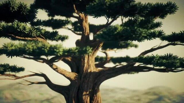 Cedar tree breathes with flowing lines in earthy tones.