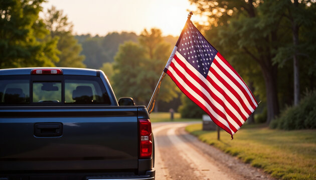 Fototapeta American Flag on Pickup Truck Driving Through Nature at Sunset for Travel Blogs, Patriotic Websites, Outdoor Activities, and Social Media Content  