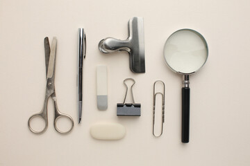 Stationery calculator ruler calculator and school stuff on coloured background. Concept of school and college learning