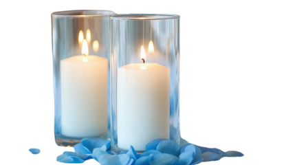 Warm candlelight creates a serene ambiance with blue petals at a cozy setting