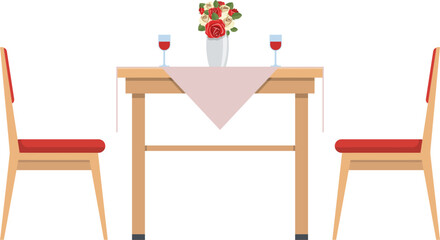 Romantic Table Setting: A charming illustration of a table set for two, adorned with a vase of red roses and two glasses of wine, set against the backdrop of cozy wooden chairs.