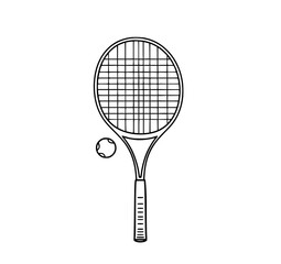 Tennis Racquet and Ball: A simple line art illustration depicts a tennis racquet and ball, showcasing its classic design and sporty essence in monochrome.
