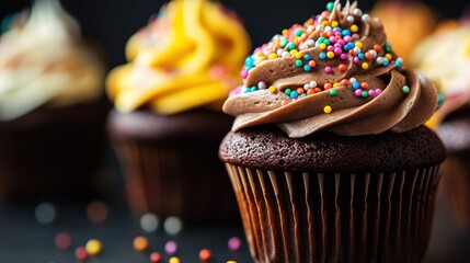 A delicious cupcake topped with rich frosting and bright sprinkles captures the essence of indulgence and celebration, appealing to sweet lovers and dessert enthusiasts alike.