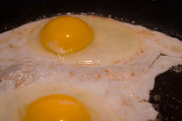 Eggs cooking in the frying pan for a good breakfast