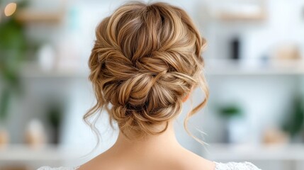 A beautiful back view of a woman’s intricate hairstyle, showcasing skillful braiding in a soft, inviting room filled with greenery and styled decor.