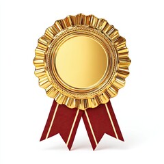 Gold award medal with red ribbon, elegant shiny rosette badge for achievement or recognition on white