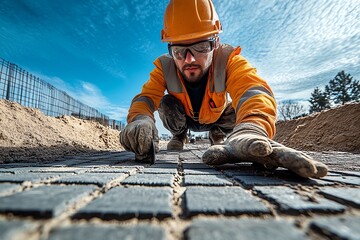 Construction worker smoothing paving slabs focused